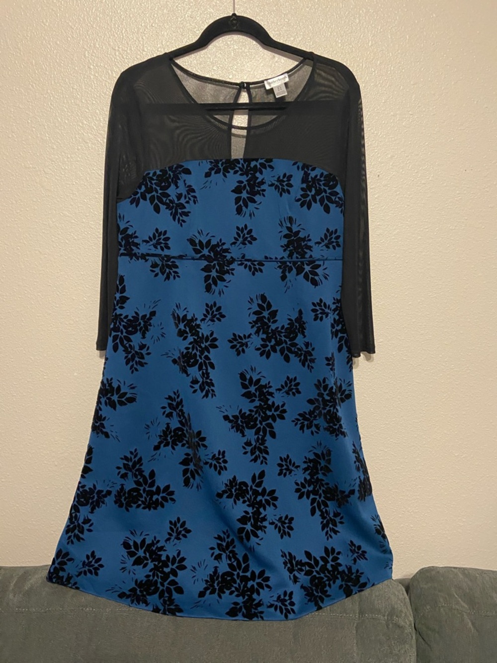 Maternity Teal Dress with Black Floral Print and Sheer 3/4 Sleeves, Size Large
